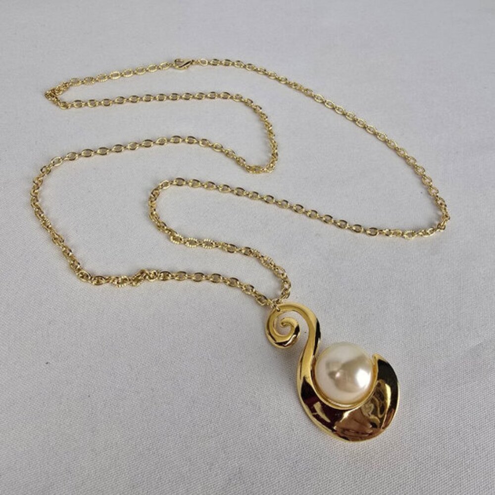 Vintage Gold Tone S Initial Faux Pearl Pendant Long Necklace